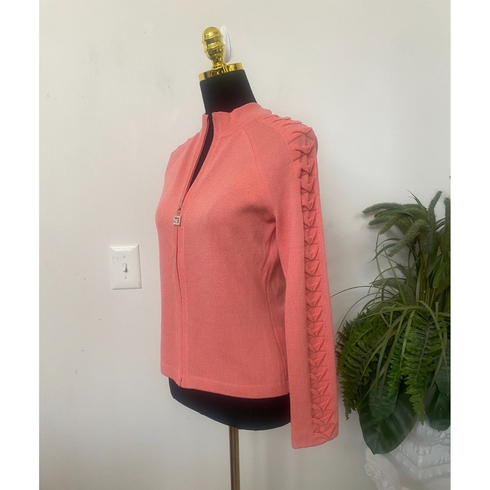 St. John Sport Coral Wool Zip-Up Braided Sleeve Cardigan Sweater Size S EUC!